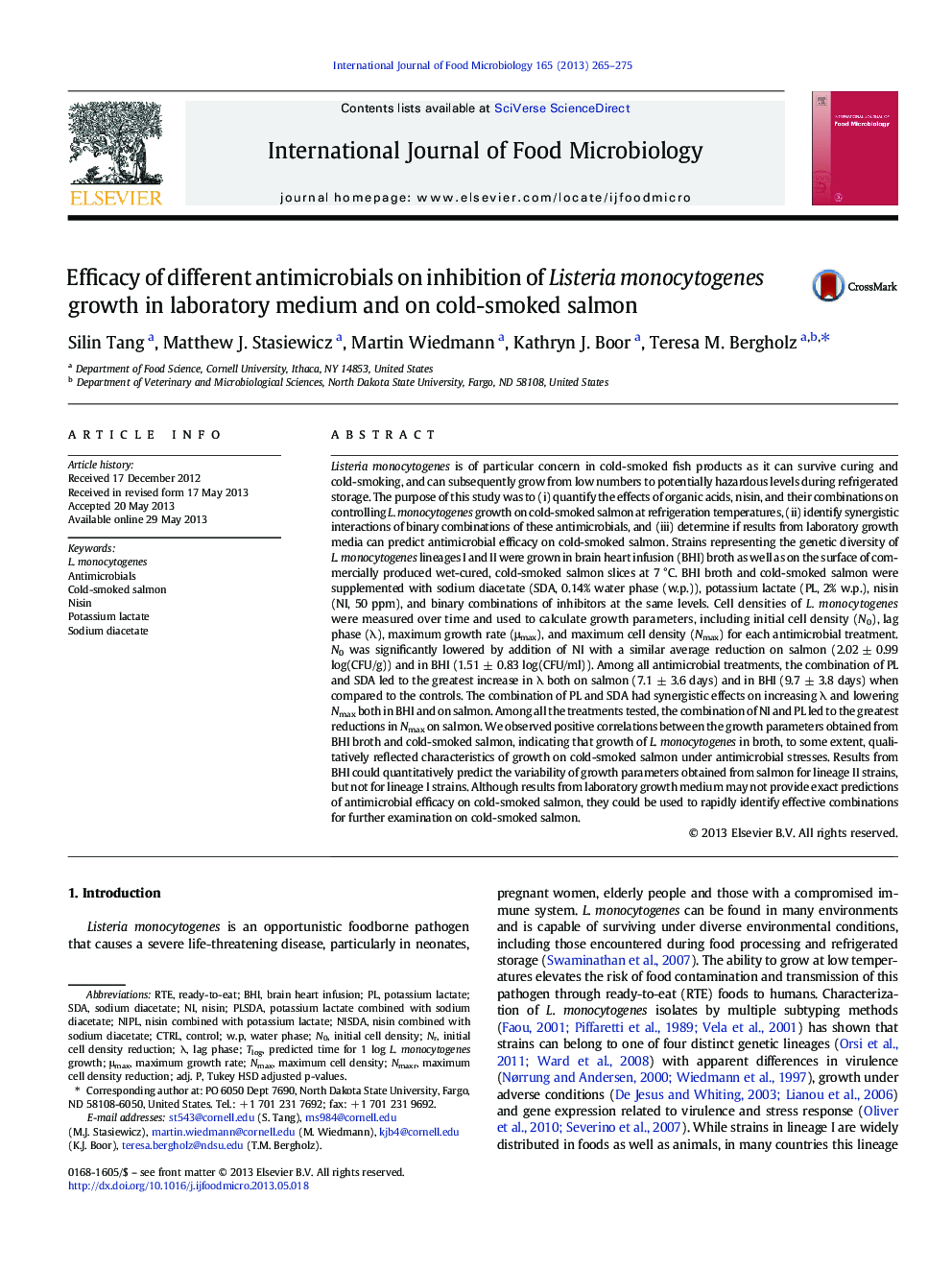 Efficacy of different antimicrobials on inhibition of Listeria monocytogenes growth in laboratory medium and on cold-smoked salmon