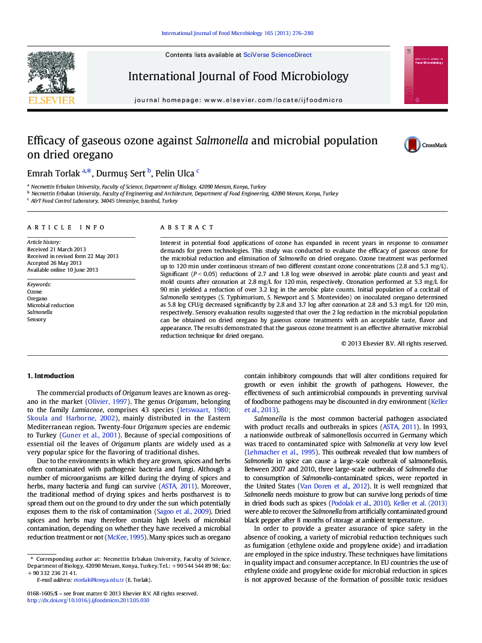 Efficacy of gaseous ozone against Salmonella and microbial population on dried oregano