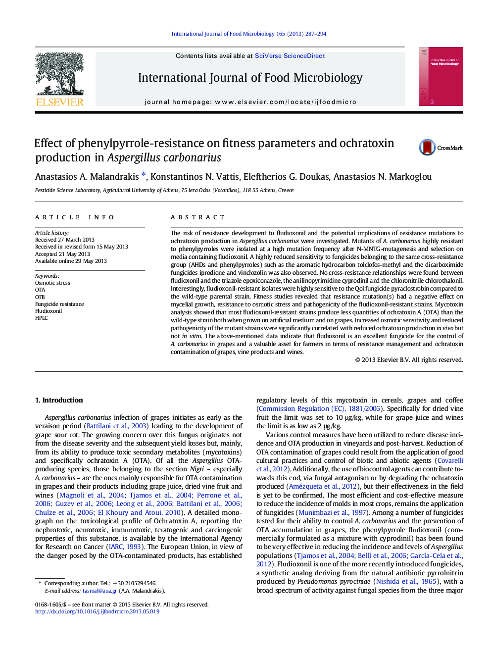 Effect of phenylpyrrole-resistance on fitness parameters and ochratoxin production in Aspergillus carbonarius