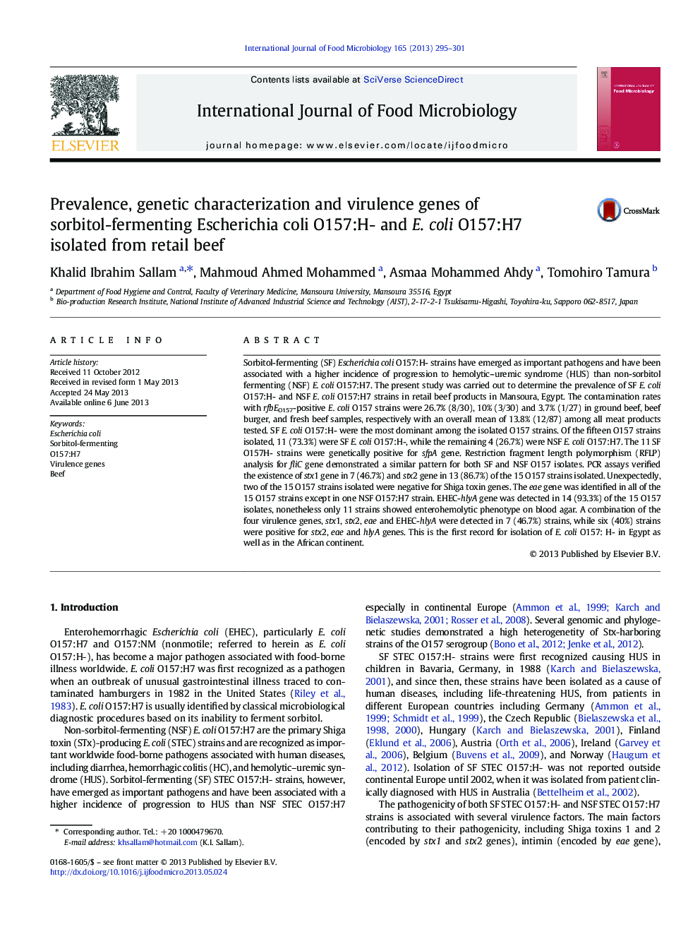 Prevalence, genetic characterization and virulence genes of sorbitol-fermenting Escherichia coli O157:H- and E. coli O157:H7 isolated from retail beef