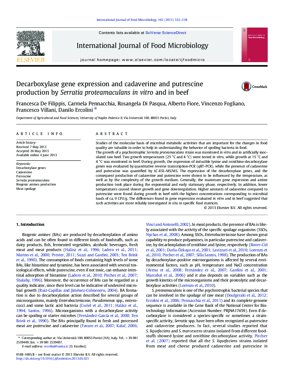 Decarboxylase gene expression and cadaverine and putrescine production by Serratia proteamaculans in vitro and in beef