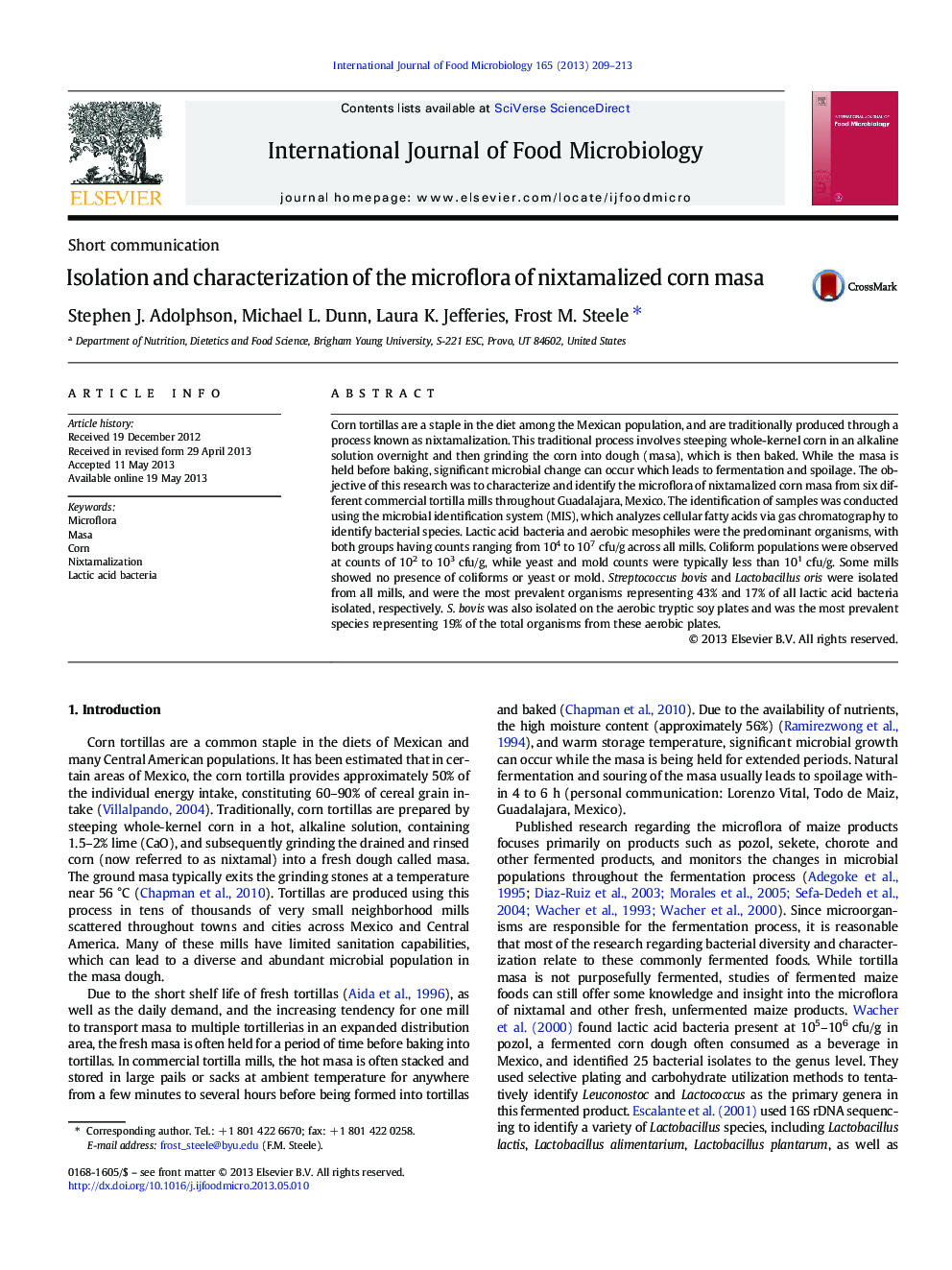عکس صفحه اول مقاله: Isolation and characterization of the microflora of nixtamalized corn masa Isolation and characterization of the microflora of nixtamalized corn masa