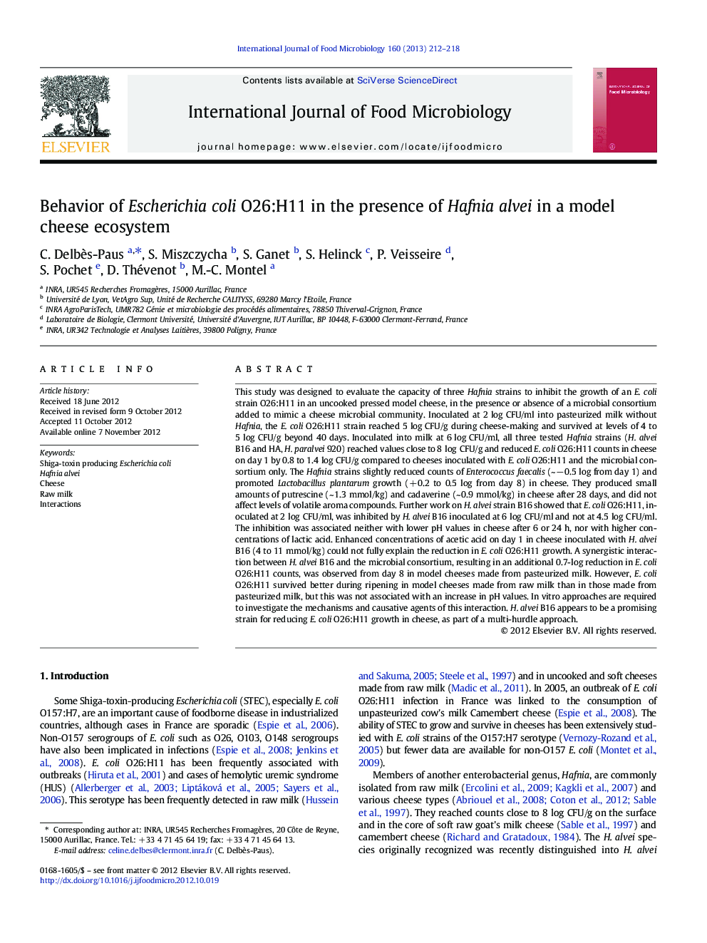 Behavior of Escherichia coli O26:H11 in the presence of Hafnia alvei in a model cheese ecosystem