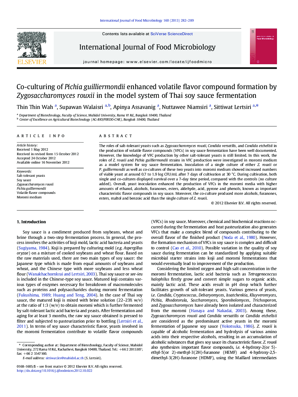 Co-culturing of Pichia guilliermondii enhanced volatile flavor compound formation by Zygosaccharomyces rouxii in the model system of Thai soy sauce fermentation