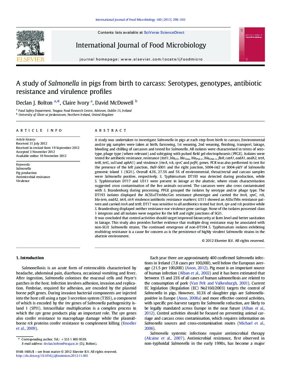 A study of Salmonella in pigs from birth to carcass: Serotypes, genotypes, antibiotic resistance and virulence profiles