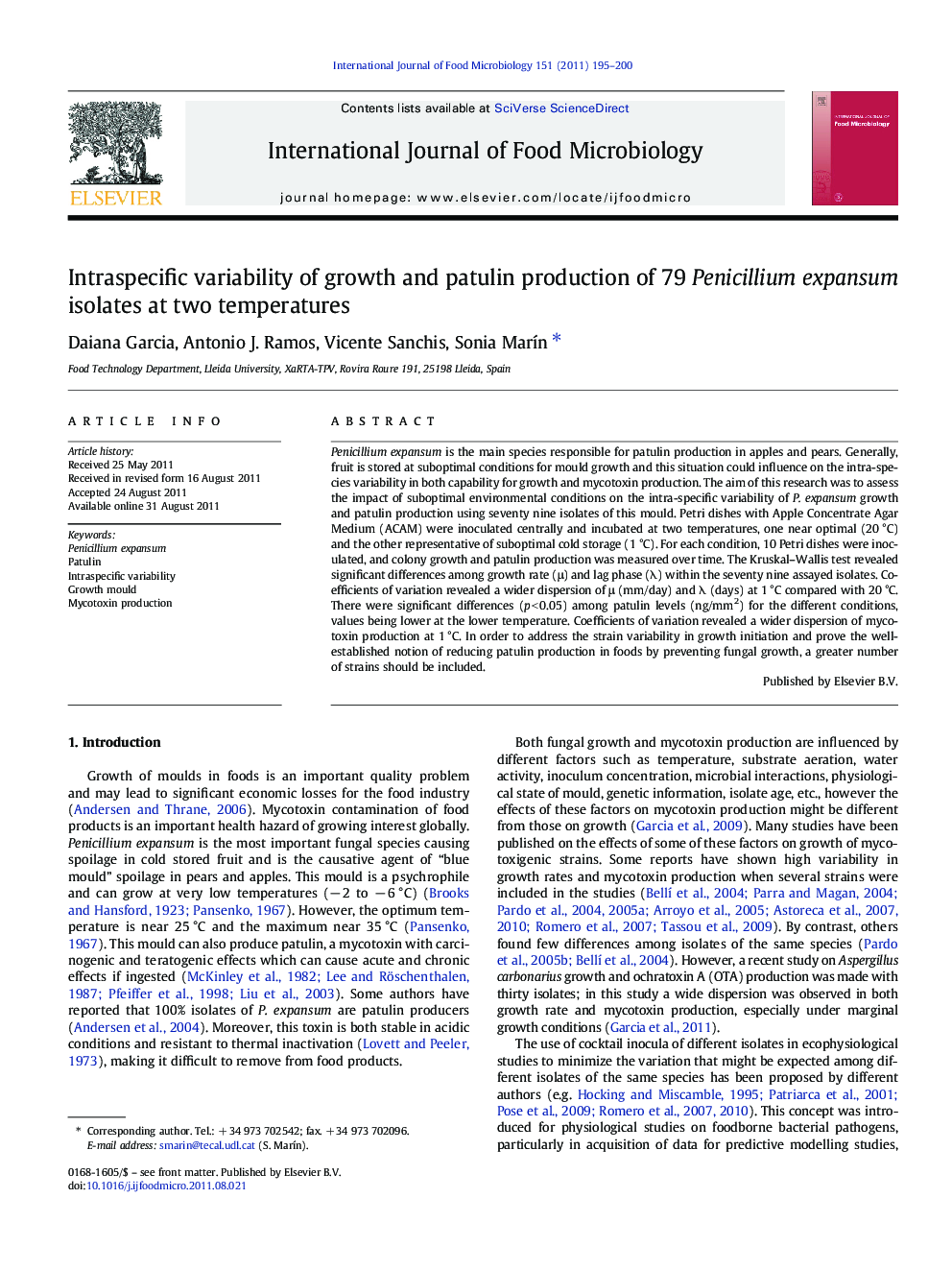 Intraspecific variability of growth and patulin production of 79 Penicillium expansum isolates at two temperatures