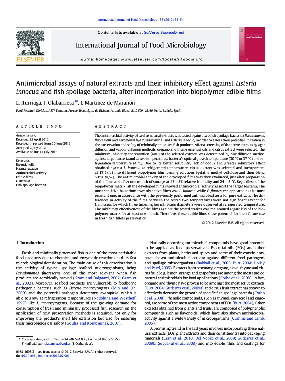 Antimicrobial assays of natural extracts and their inhibitory effect against Listeria innocua and fish spoilage bacteria, after incorporation into biopolymer edible films