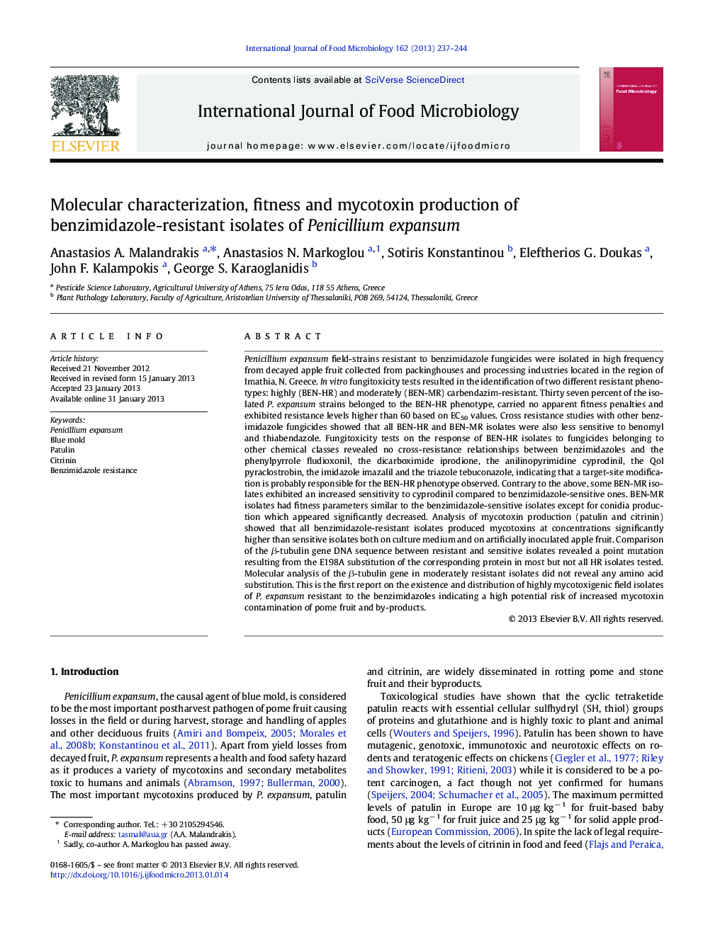 Molecular characterization, fitness and mycotoxin production of benzimidazole-resistant isolates of Penicillium expansum