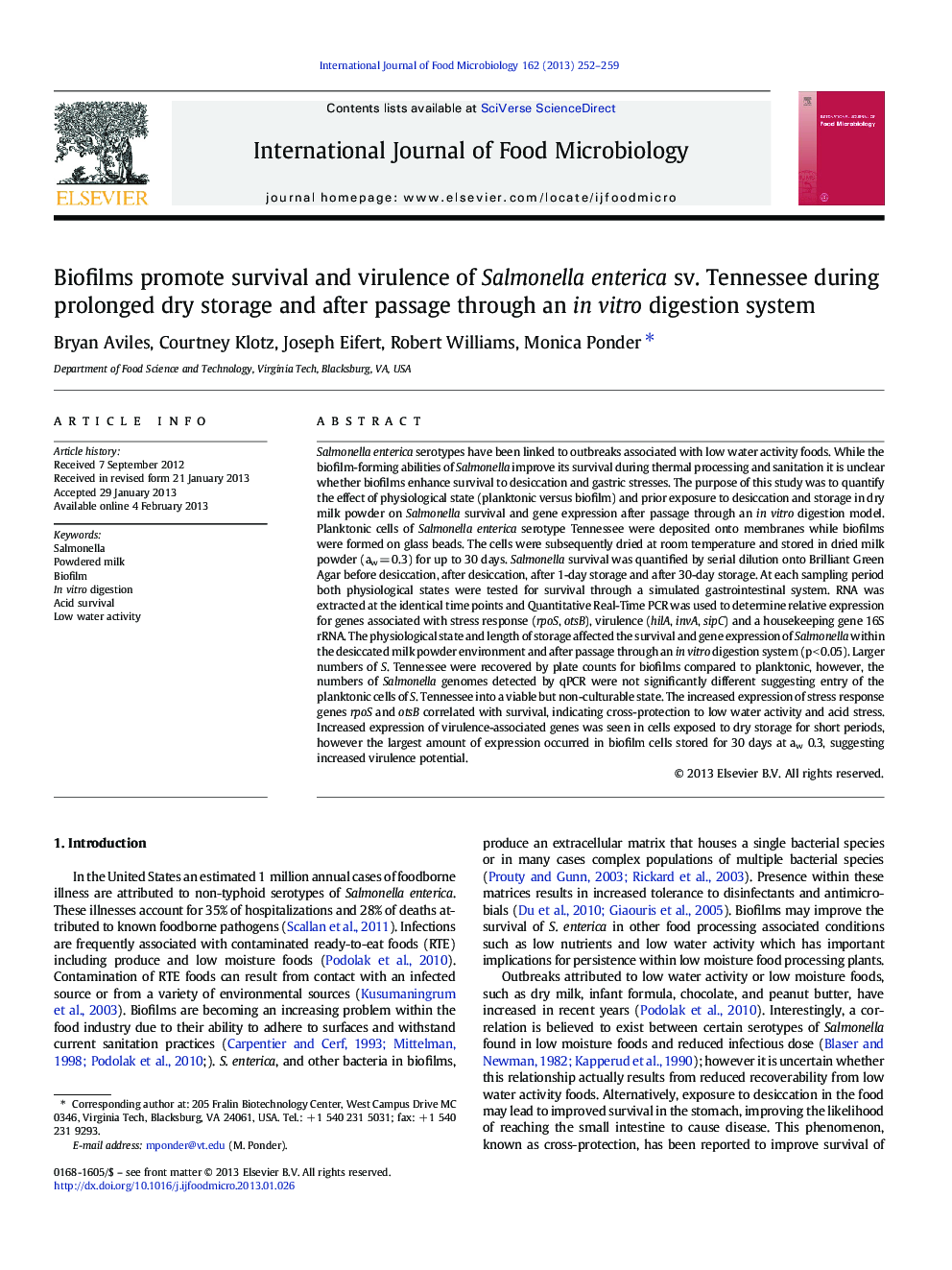 Biofilms promote survival and virulence of Salmonella enterica sv. Tennessee during prolonged dry storage and after passage through an in vitro digestion system