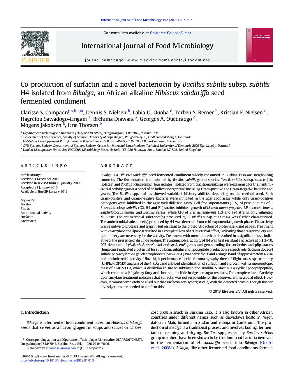 Co-production of surfactin and a novel bacteriocin by Bacillus subtilis subsp. subtilis H4 isolated from Bikalga, an African alkaline Hibiscus sabdariffa seed fermented condiment