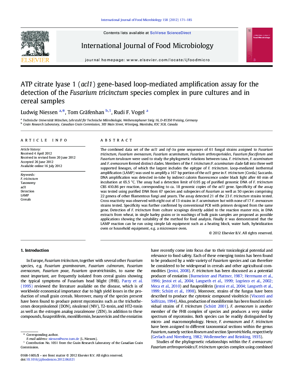 ATP citrate lyase 1 (acl1) gene-based loop-mediated amplification assay for the detection of the Fusarium tricinctum species complex in pure cultures and in cereal samples