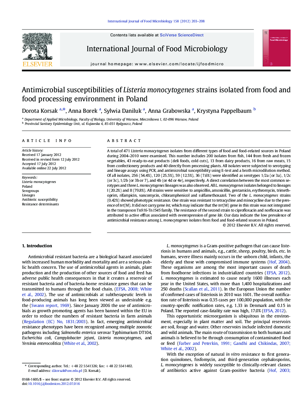 Antimicrobial susceptibilities of Listeria monocytogenes strains isolated from food and food processing environment in Poland