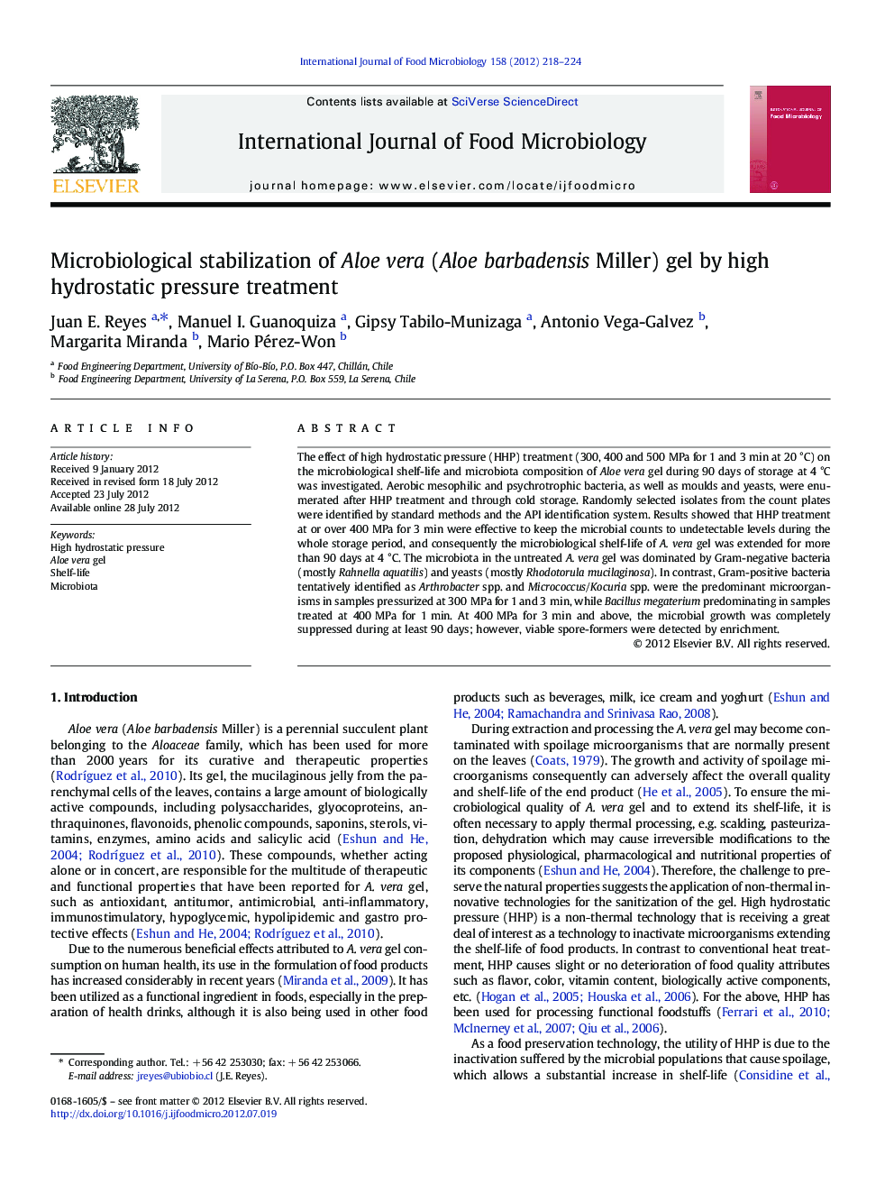 Microbiological stabilization of Aloe vera (Aloe barbadensis Miller) gel by high hydrostatic pressure treatment