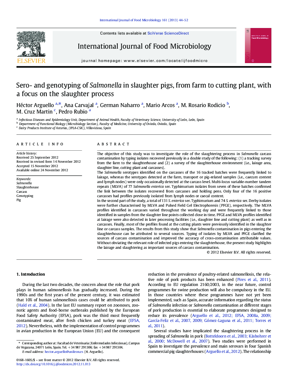 Sero- and genotyping of Salmonella in slaughter pigs, from farm to cutting plant, with a focus on the slaughter process