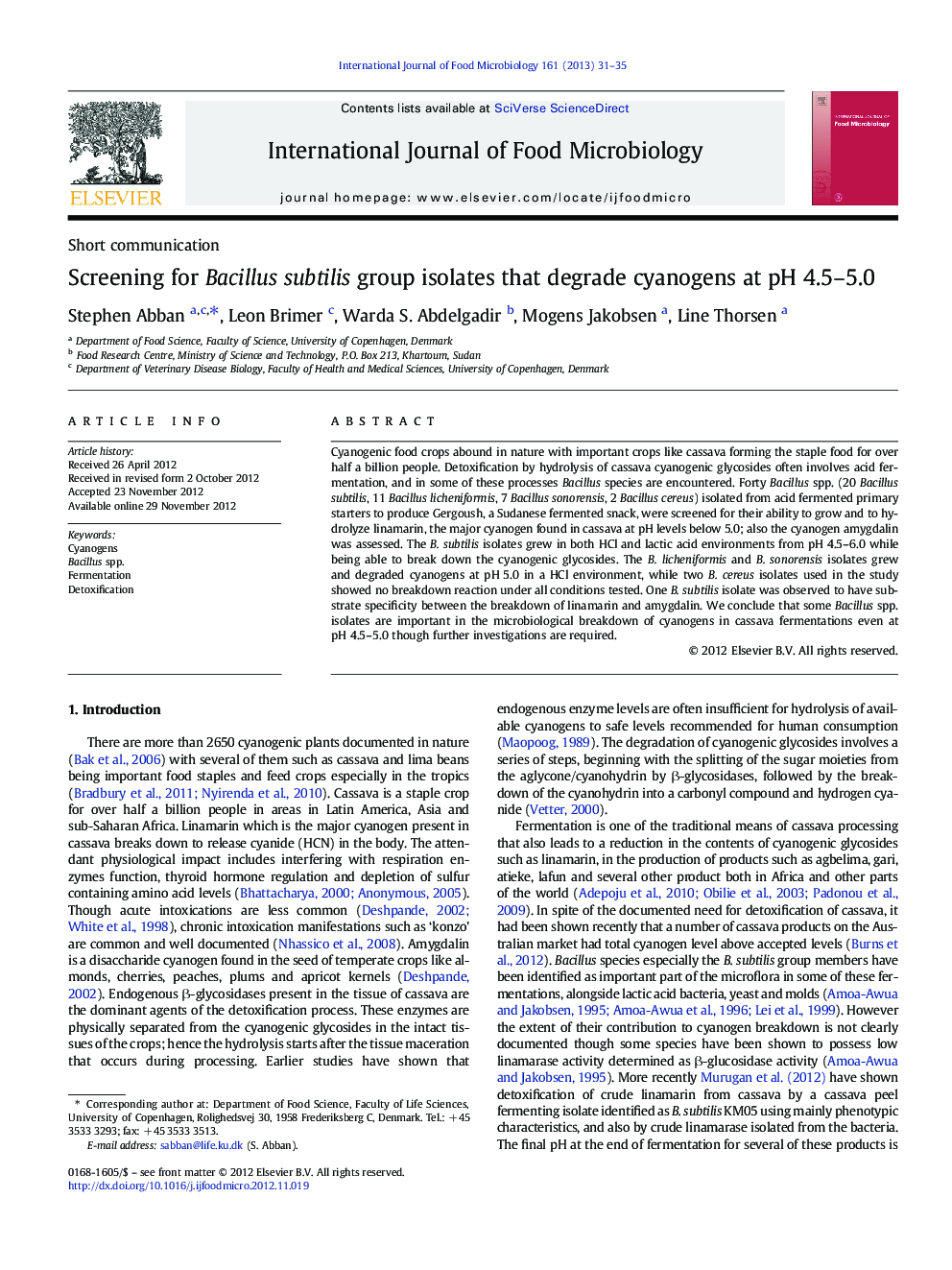 Screening for Bacillus subtilis group isolates that degrade cyanogens at pH 4.5–5.0