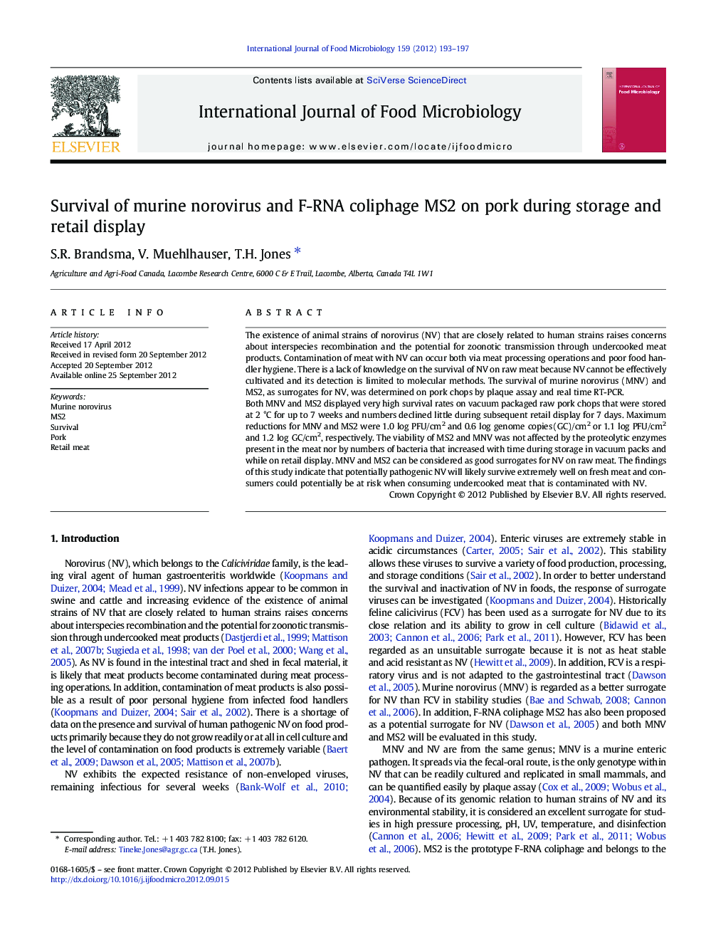 Survival of murine norovirus and F-RNA coliphage MS2 on pork during storage and retail display