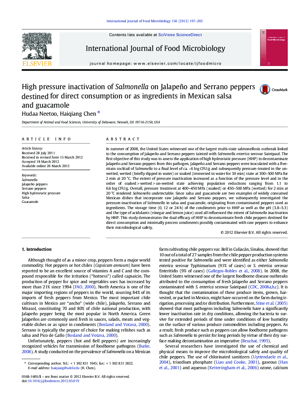 High pressure inactivation of Salmonella on Jalapeño and Serrano peppers destined for direct consumption or as ingredients in Mexican salsa and guacamole