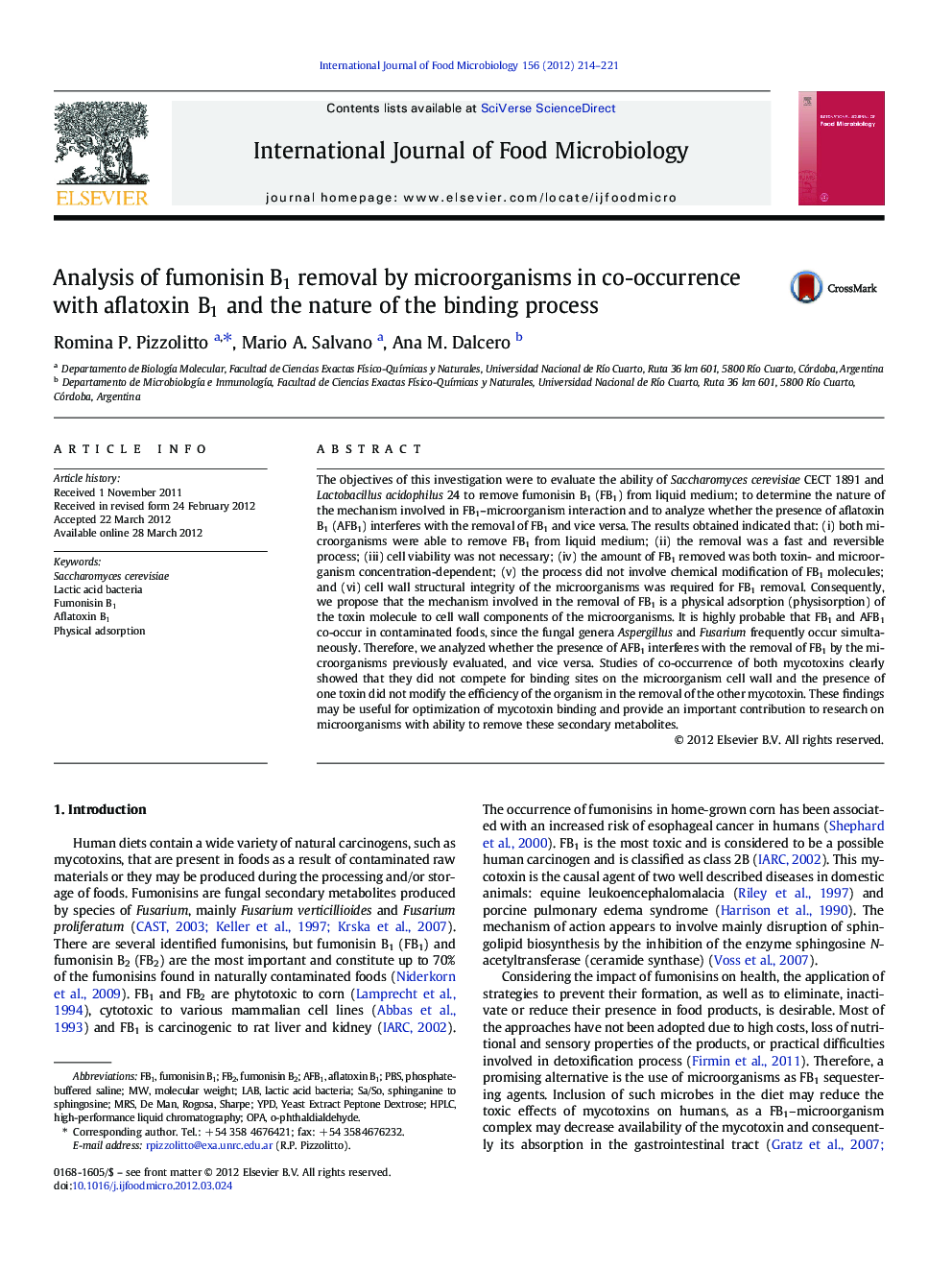 Analysis of fumonisin B1 removal by microorganisms in co-occurrence with aflatoxin B1 and the nature of the binding process