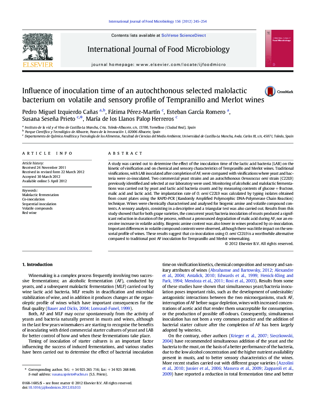 Influence of inoculation time of an autochthonous selected malolactic bacterium on volatile and sensory profile of Tempranillo and Merlot wines