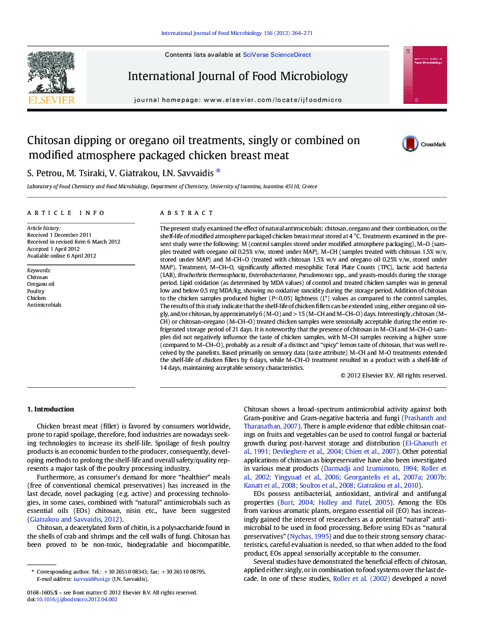 Chitosan dipping or oregano oil treatments, singly or combined on modified atmosphere packaged chicken breast meat