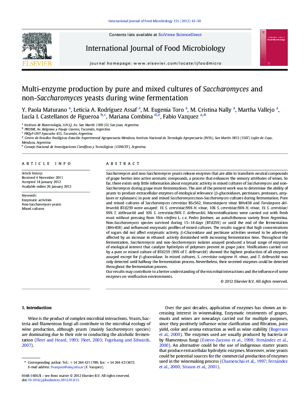 Multi-enzyme production by pure and mixed cultures of Saccharomyces and non-Saccharomyces yeasts during wine fermentation