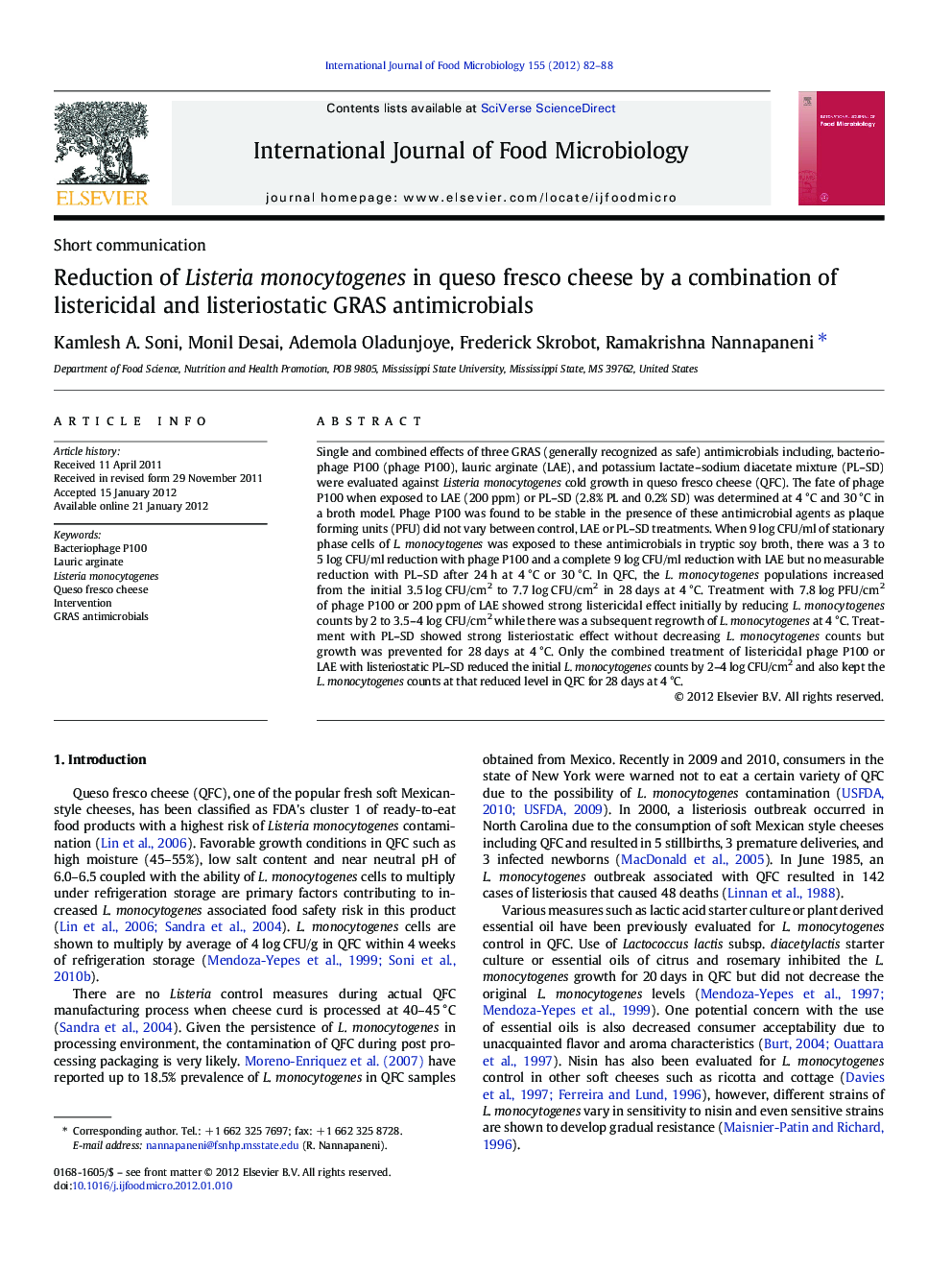 Reduction of Listeria monocytogenes in queso fresco cheese by a combination of listericidal and listeriostatic GRAS antimicrobials