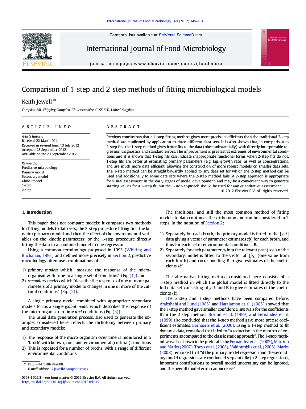 Comparison of 1-step and 2-step methods of fitting microbiological models