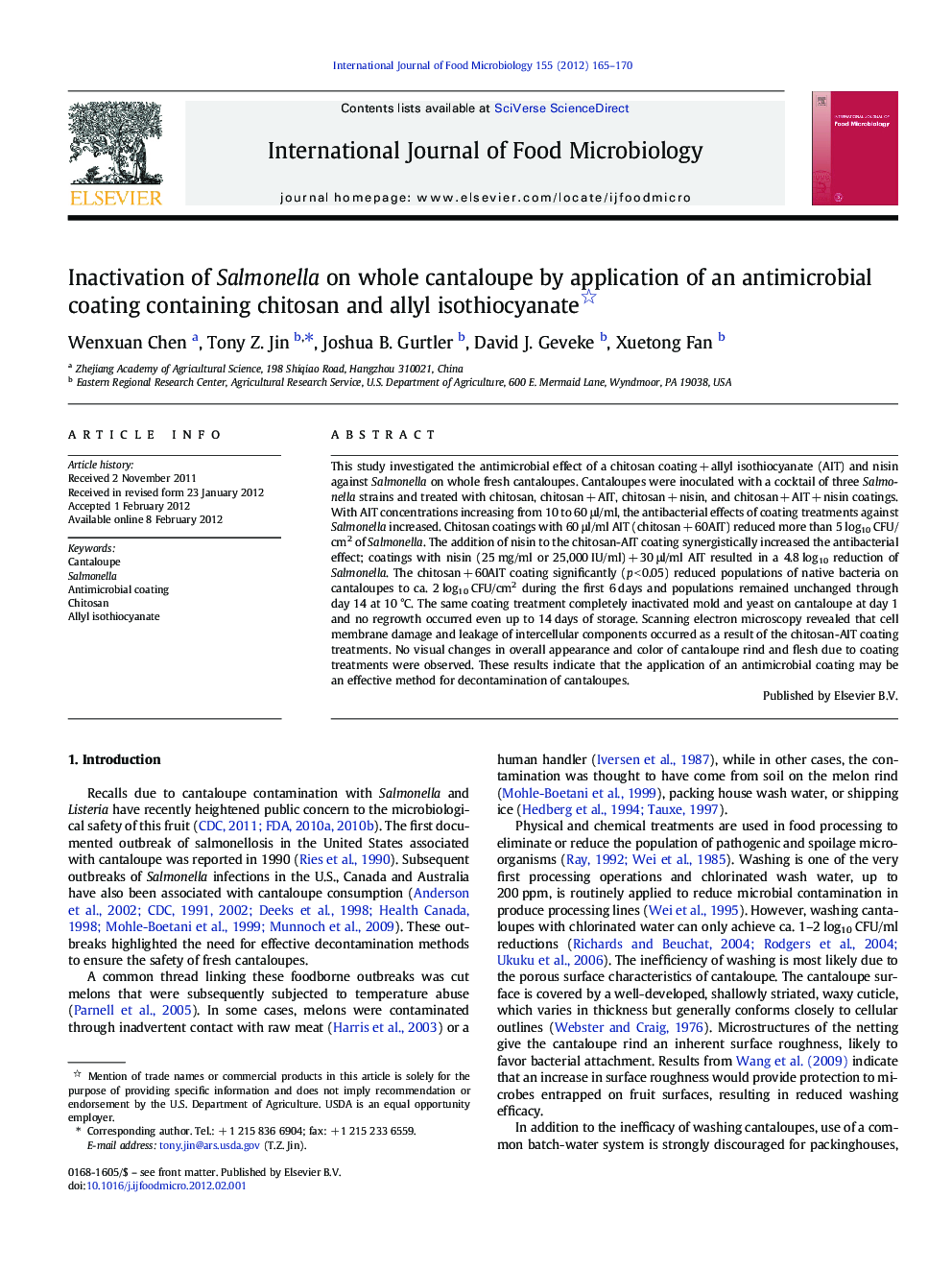 Inactivation of Salmonella on whole cantaloupe by application of an antimicrobial coating containing chitosan and allyl isothiocyanate 