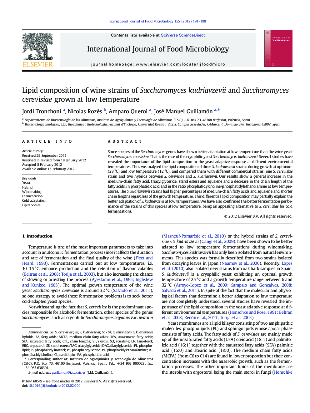 Lipid composition of wine strains of Saccharomyces kudriavzevii and Saccharomyces cerevisiae grown at low temperature