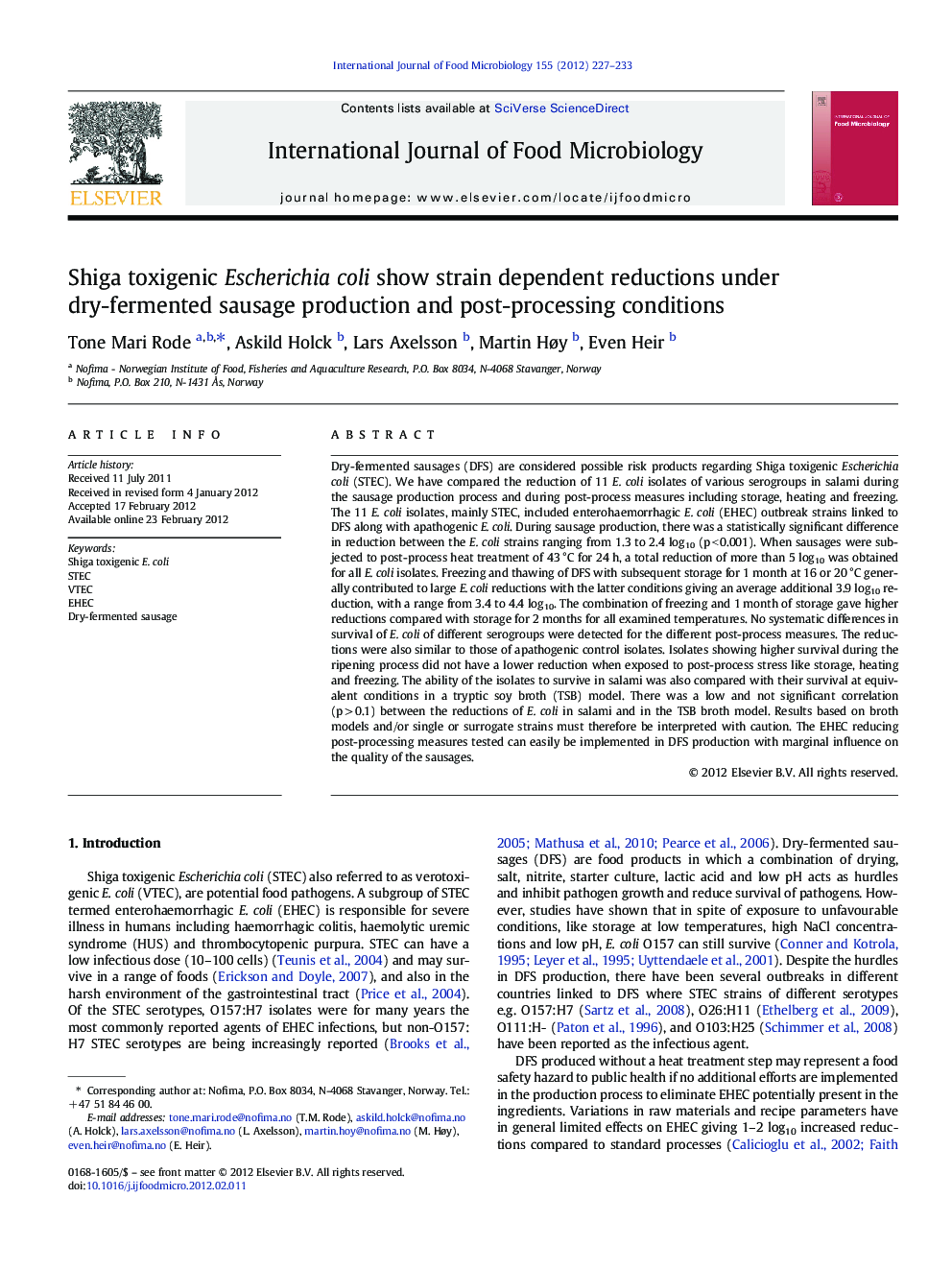 Shiga toxigenic Escherichia coli show strain dependent reductions under dry-fermented sausage production and post-processing conditions