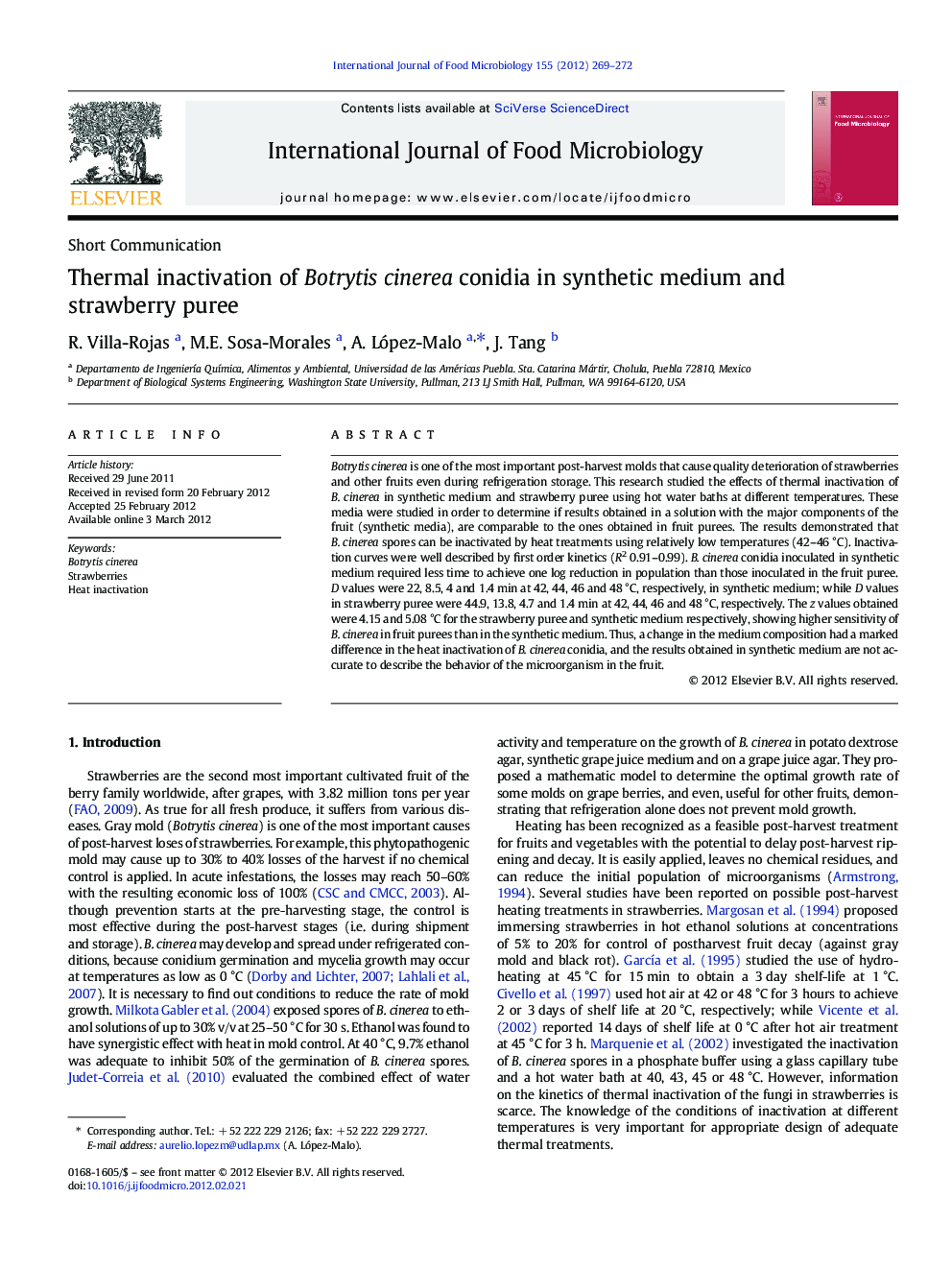 Thermal inactivation of Botrytis cinerea conidia in synthetic medium and strawberry puree