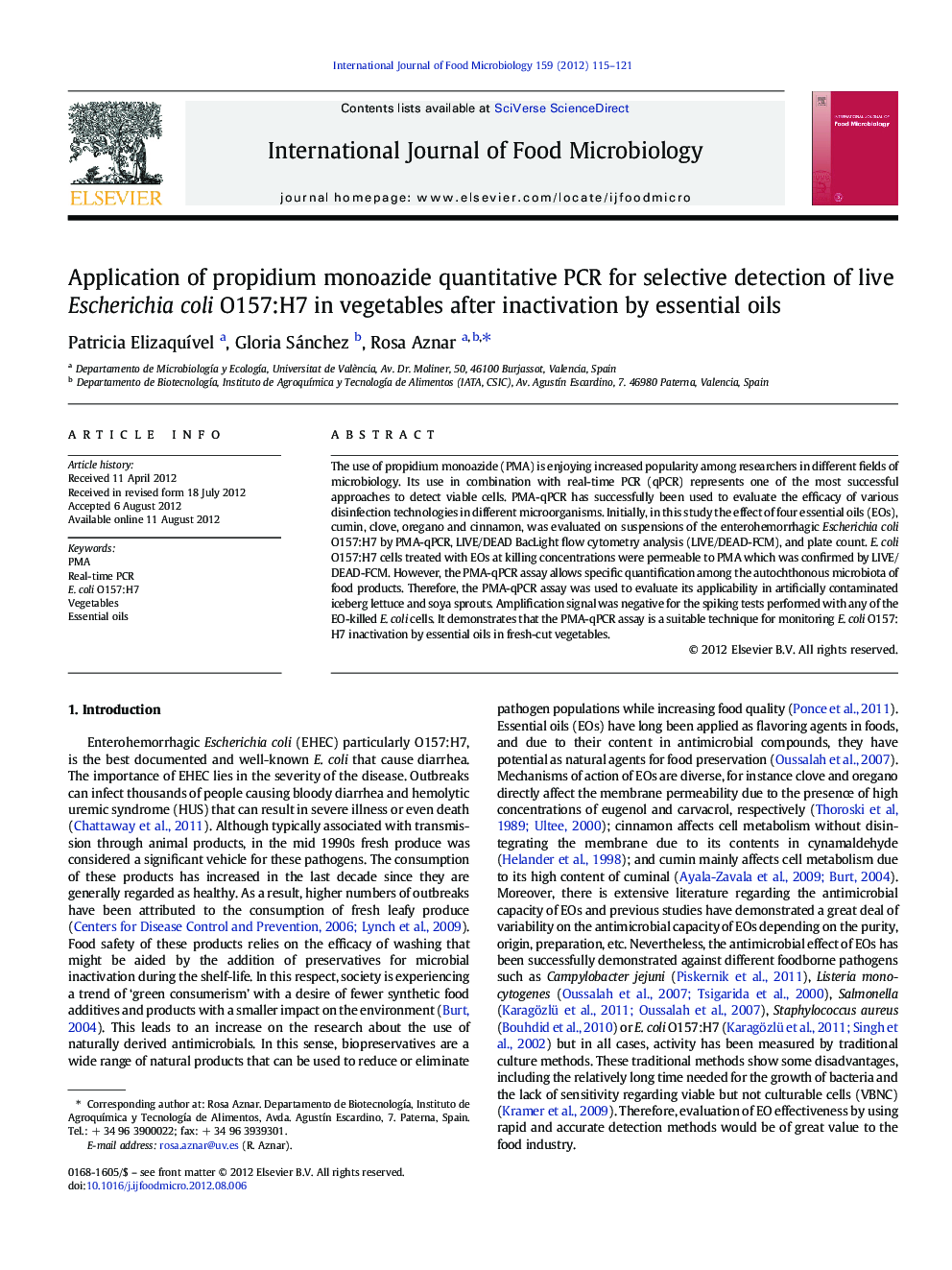 Application of propidium monoazide quantitative PCR for selective detection of live Escherichia coli O157:H7 in vegetables after inactivation by essential oils