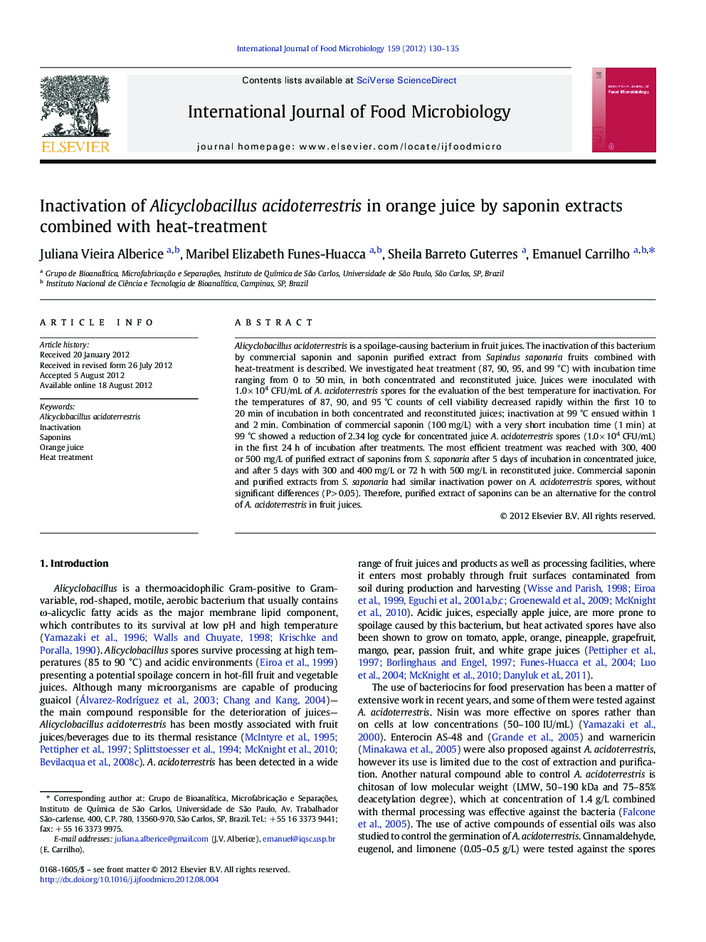 Inactivation of Alicyclobacillus acidoterrestris in orange juice by saponin extracts combined with heat-treatment