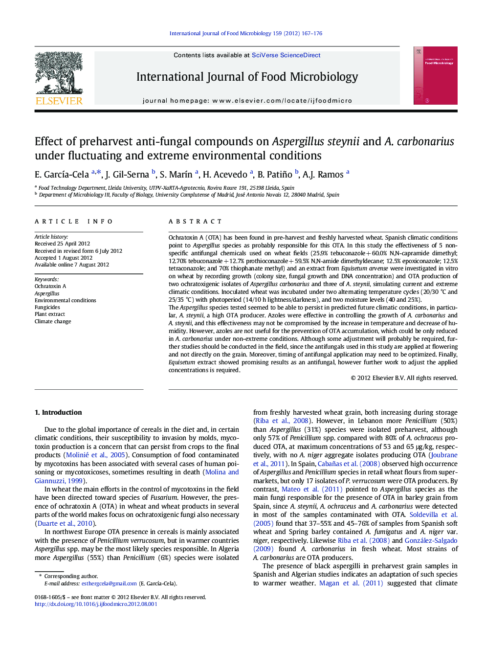 Effect of preharvest anti-fungal compounds on Aspergillus steynii and A. carbonarius under fluctuating and extreme environmental conditions