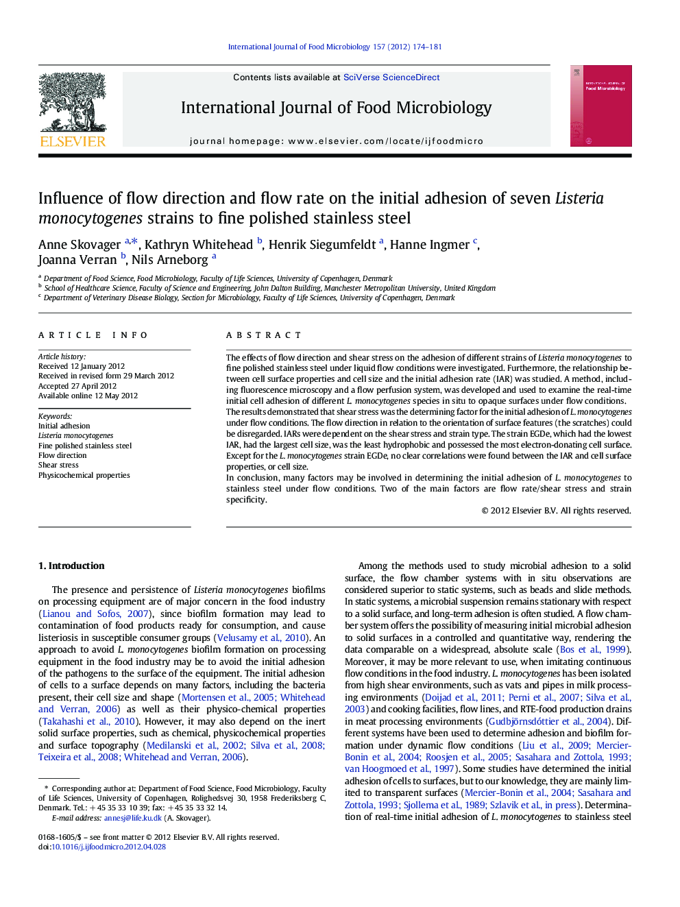 Influence of flow direction and flow rate on the initial adhesion of seven Listeria monocytogenes strains to fine polished stainless steel