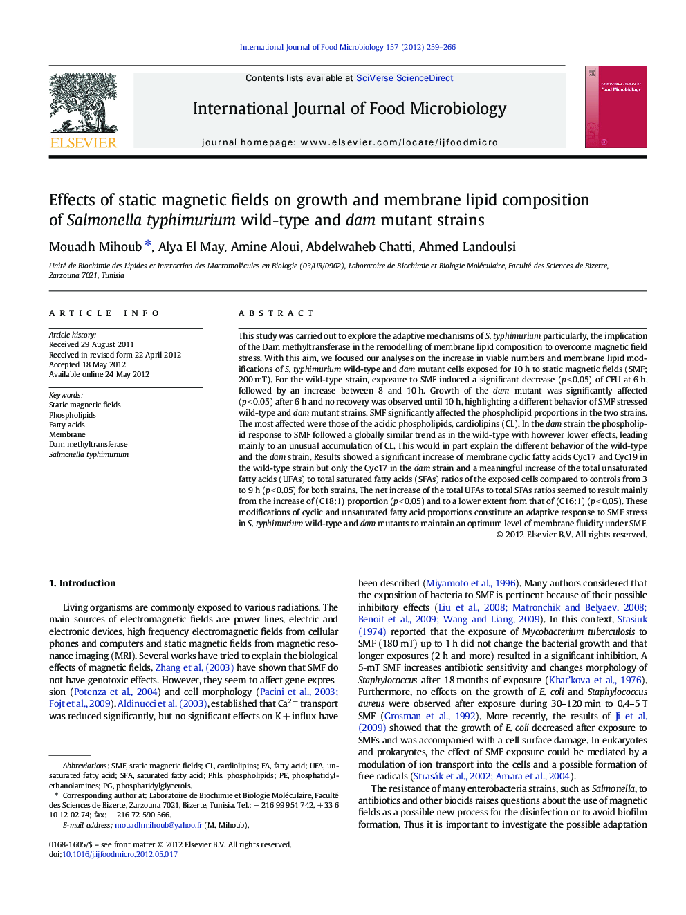 Effects of static magnetic fields on growth and membrane lipid composition of Salmonella typhimurium wild-type and dam mutant strains