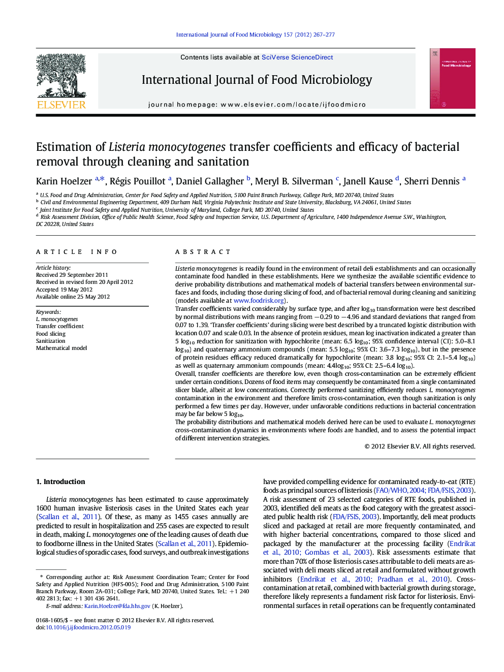 Estimation of Listeria monocytogenes transfer coefficients and efficacy of bacterial removal through cleaning and sanitation