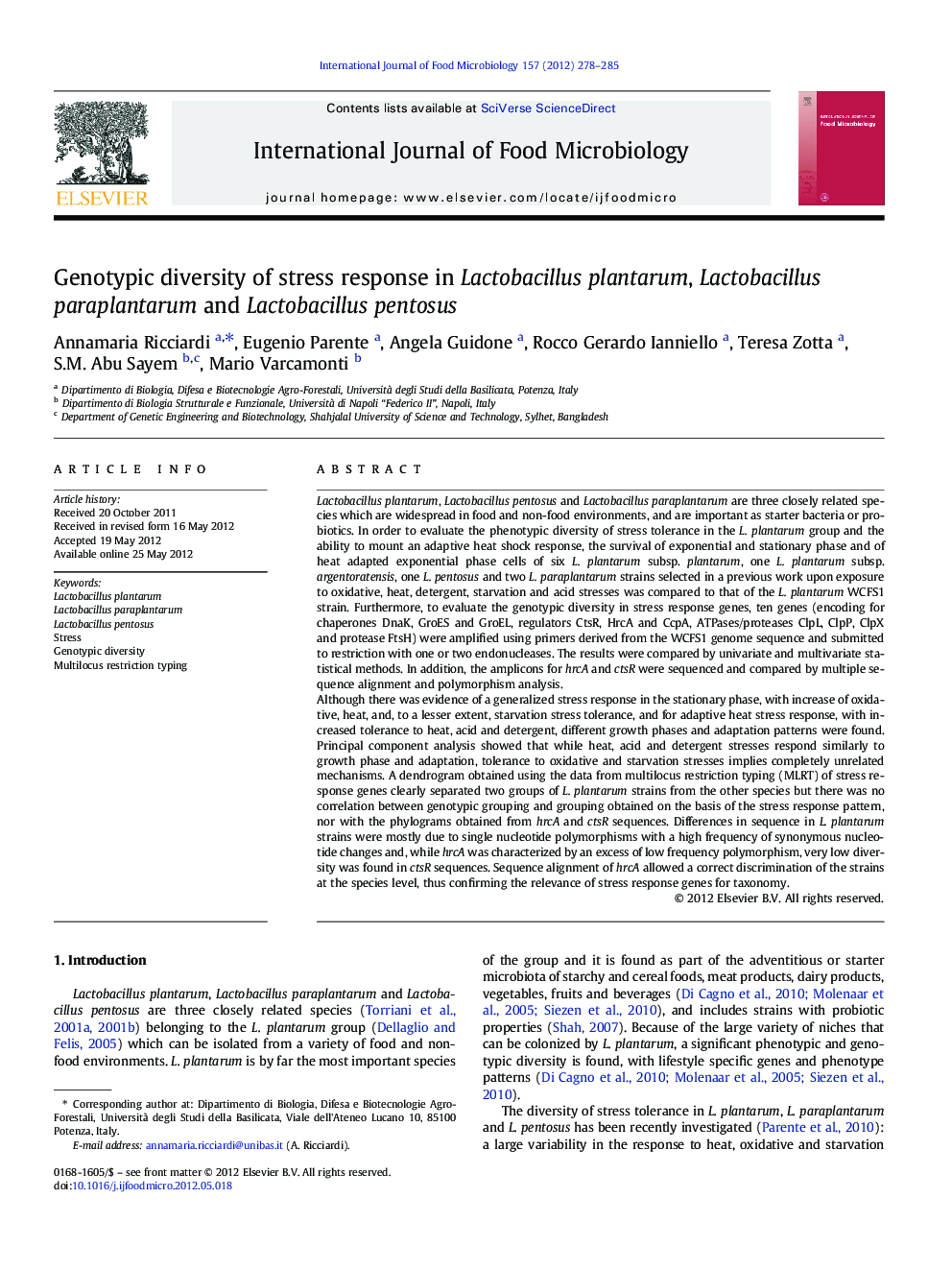 Genotypic diversity of stress response in Lactobacillus plantarum, Lactobacillus paraplantarum and Lactobacillus pentosus