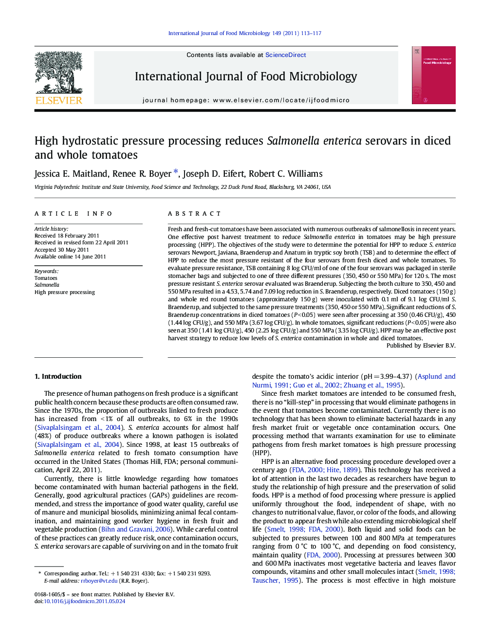 High hydrostatic pressure processing reduces Salmonella enterica serovars in diced and whole tomatoes