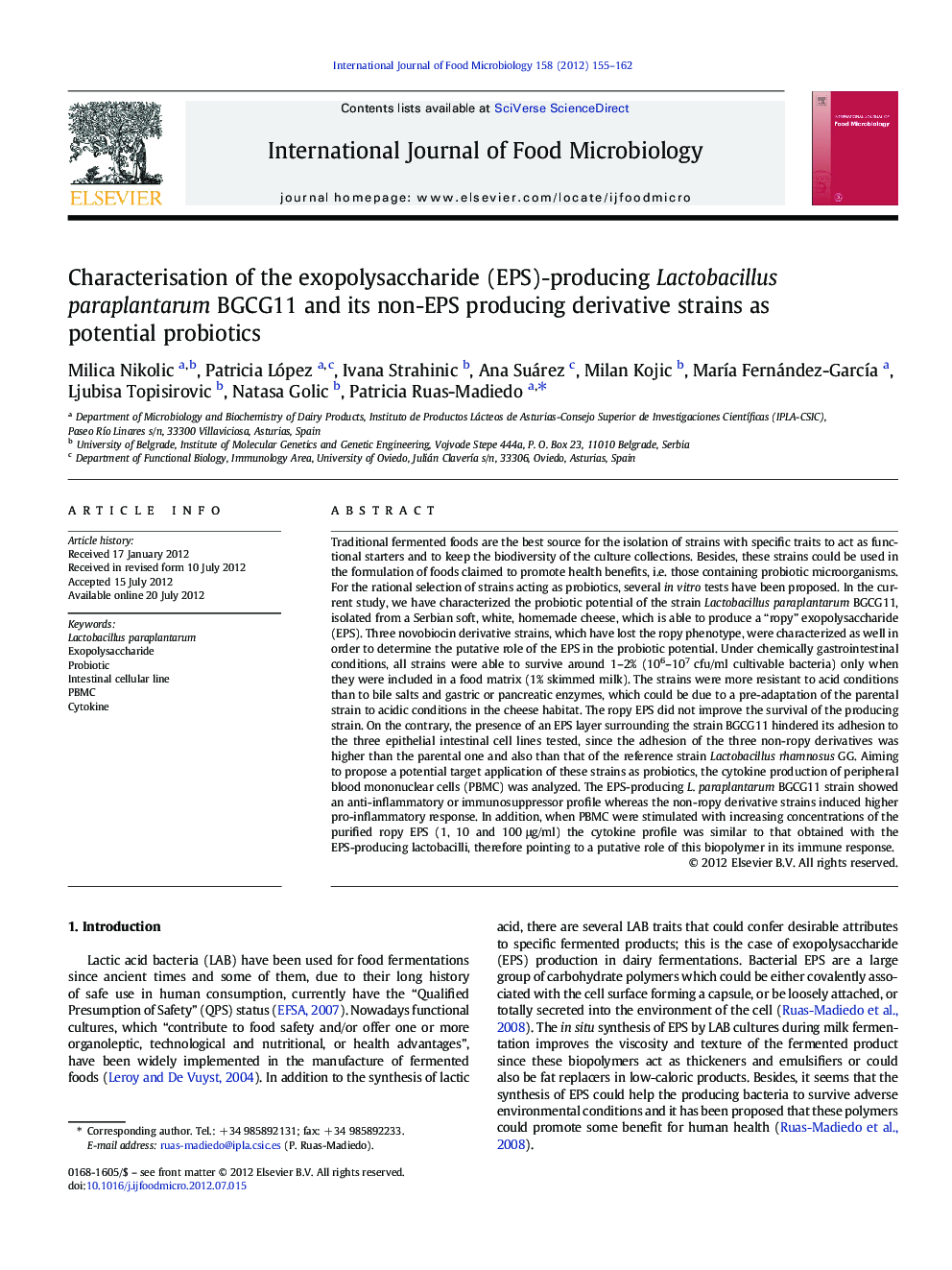 Characterisation of the exopolysaccharide (EPS)-producing Lactobacillus paraplantarum BGCG11 and its non-EPS producing derivative strains as potential probiotics