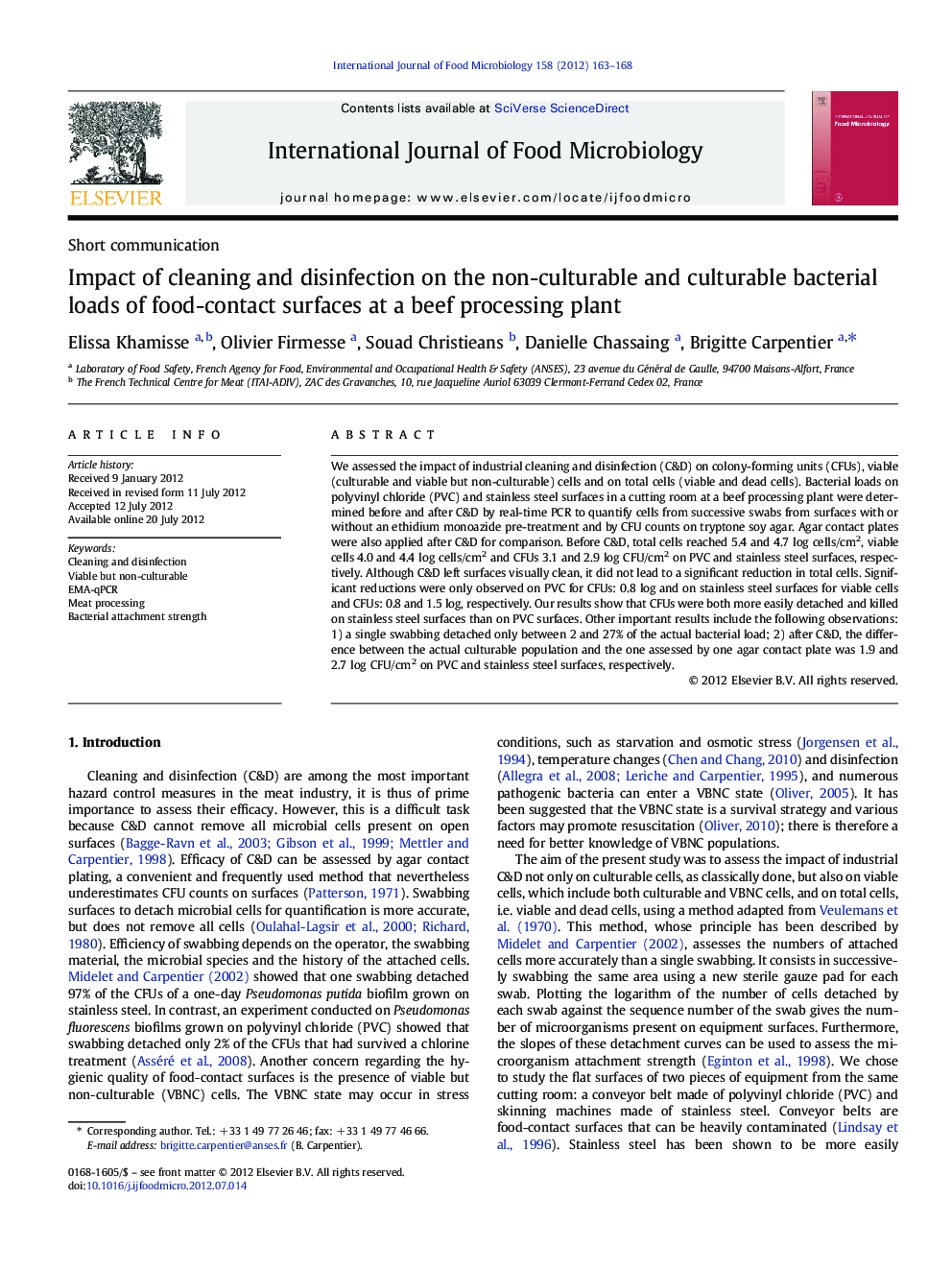 Impact of cleaning and disinfection on the non-culturable and culturable bacterial loads of food-contact surfaces at a beef processing plant