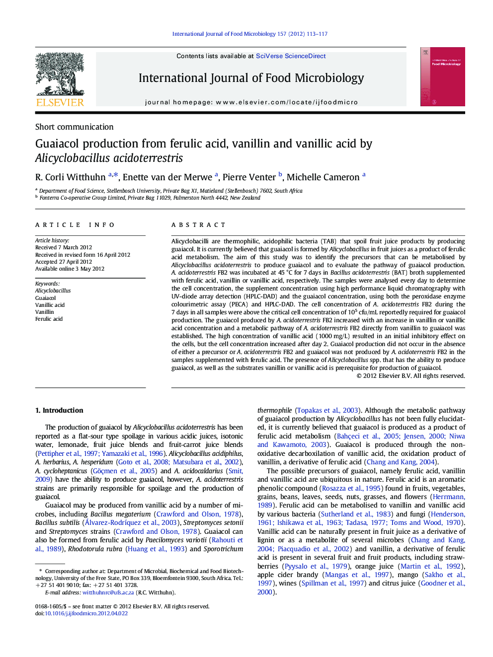 Guaiacol production from ferulic acid, vanillin and vanillic acid by Alicyclobacillus acidoterrestris