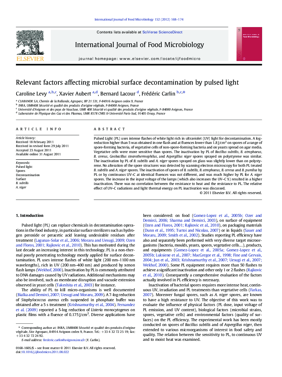 Relevant factors affecting microbial surface decontamination by pulsed light