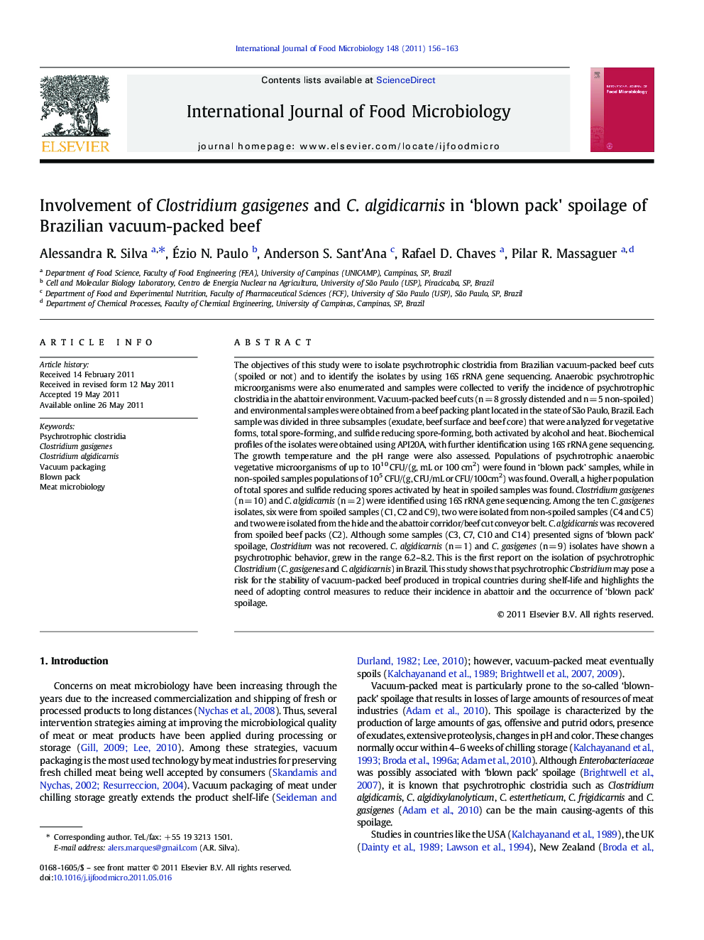 Involvement of Clostridium gasigenes and C. algidicarnis in ‘blown pack' spoilage of Brazilian vacuum-packed beef