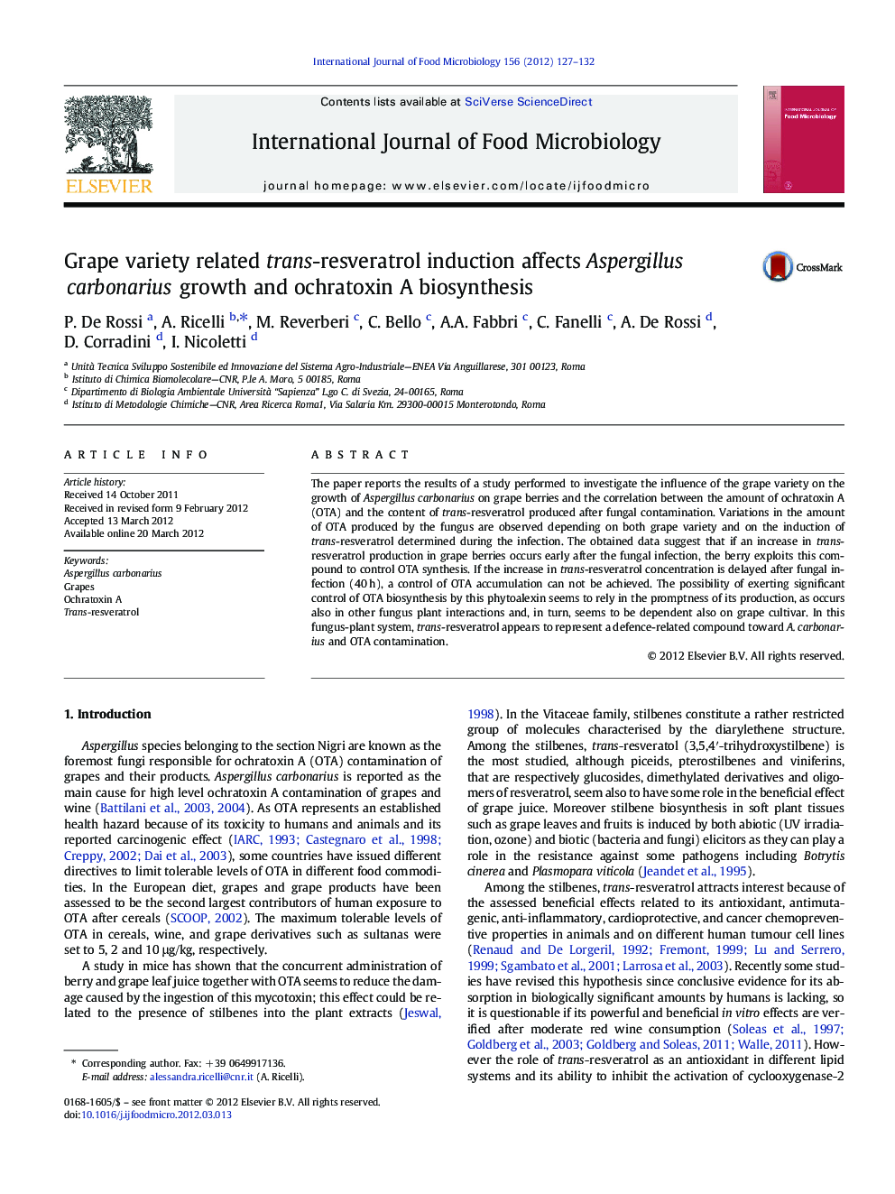 Grape variety related trans-resveratrol induction affects Aspergillus carbonarius growth and ochratoxin A biosynthesis