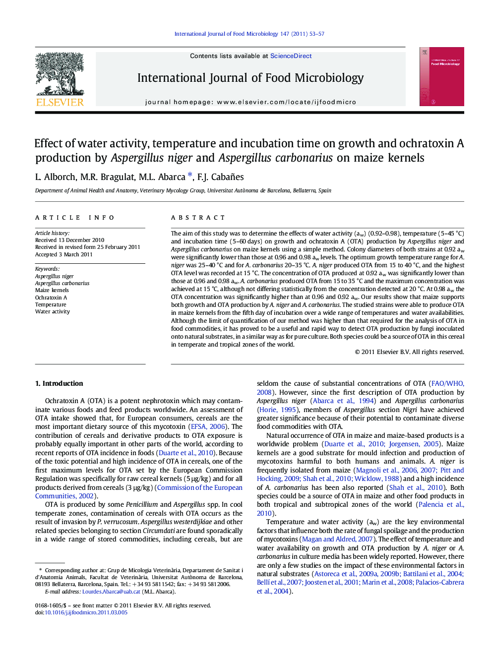 Effect of water activity, temperature and incubation time on growth and ochratoxin A production by Aspergillus niger and Aspergillus carbonarius on maize kernels