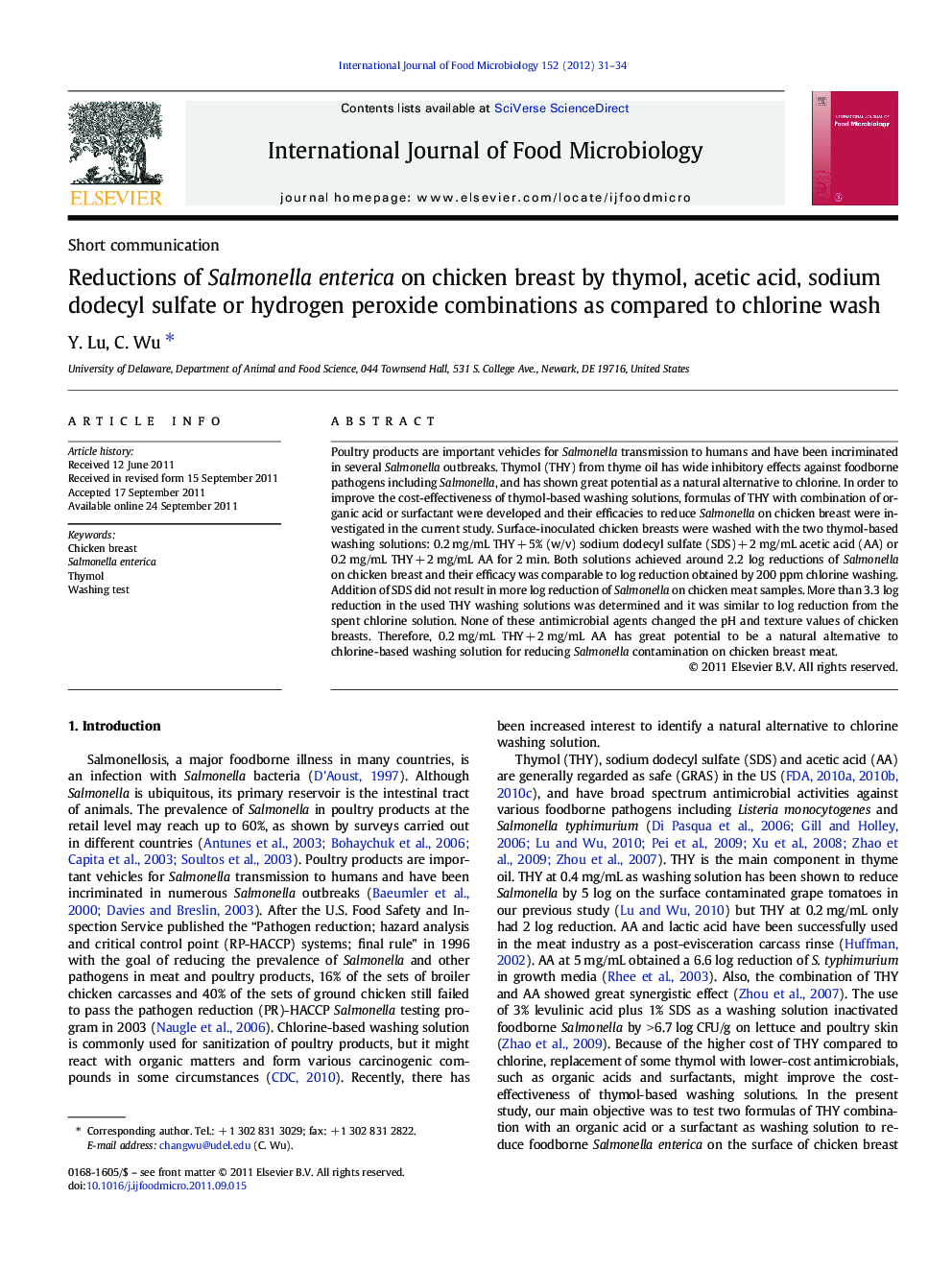 Reductions of Salmonella enterica on chicken breast by thymol, acetic acid, sodium dodecyl sulfate or hydrogen peroxide combinations as compared to chlorine wash