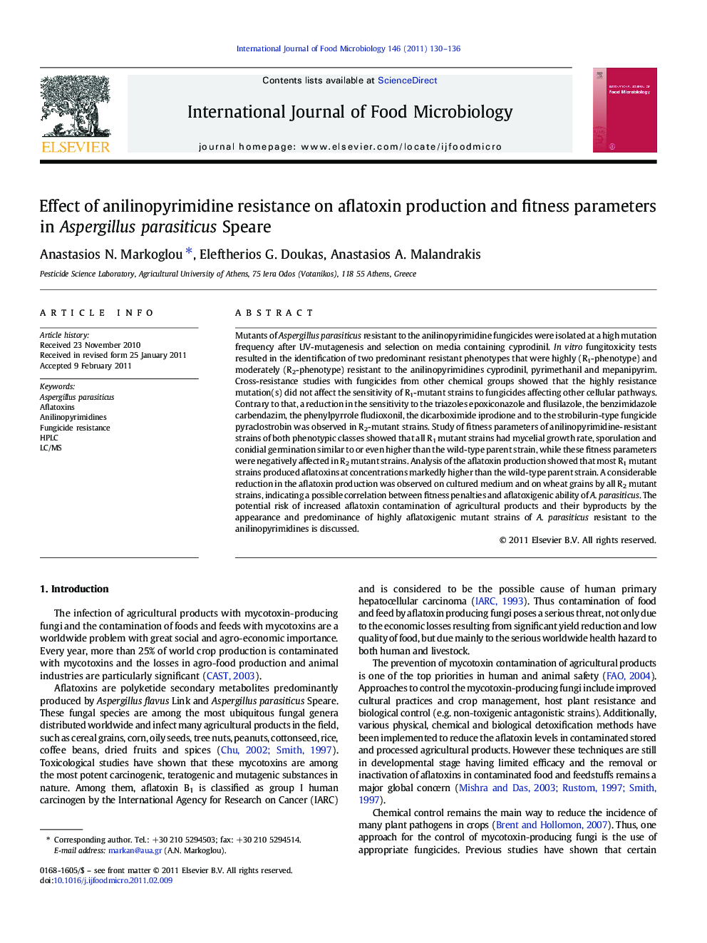 Effect of anilinopyrimidine resistance on aflatoxin production and fitness parameters in Aspergillus parasiticus Speare