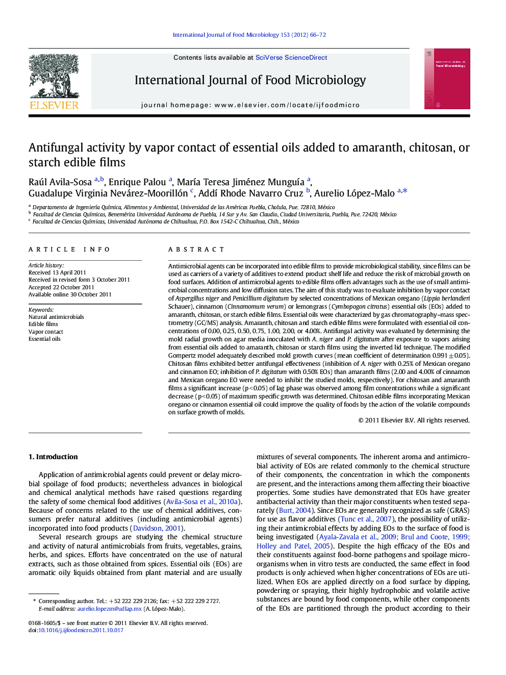 Antifungal activity by vapor contact of essential oils added to amaranth, chitosan, or starch edible films