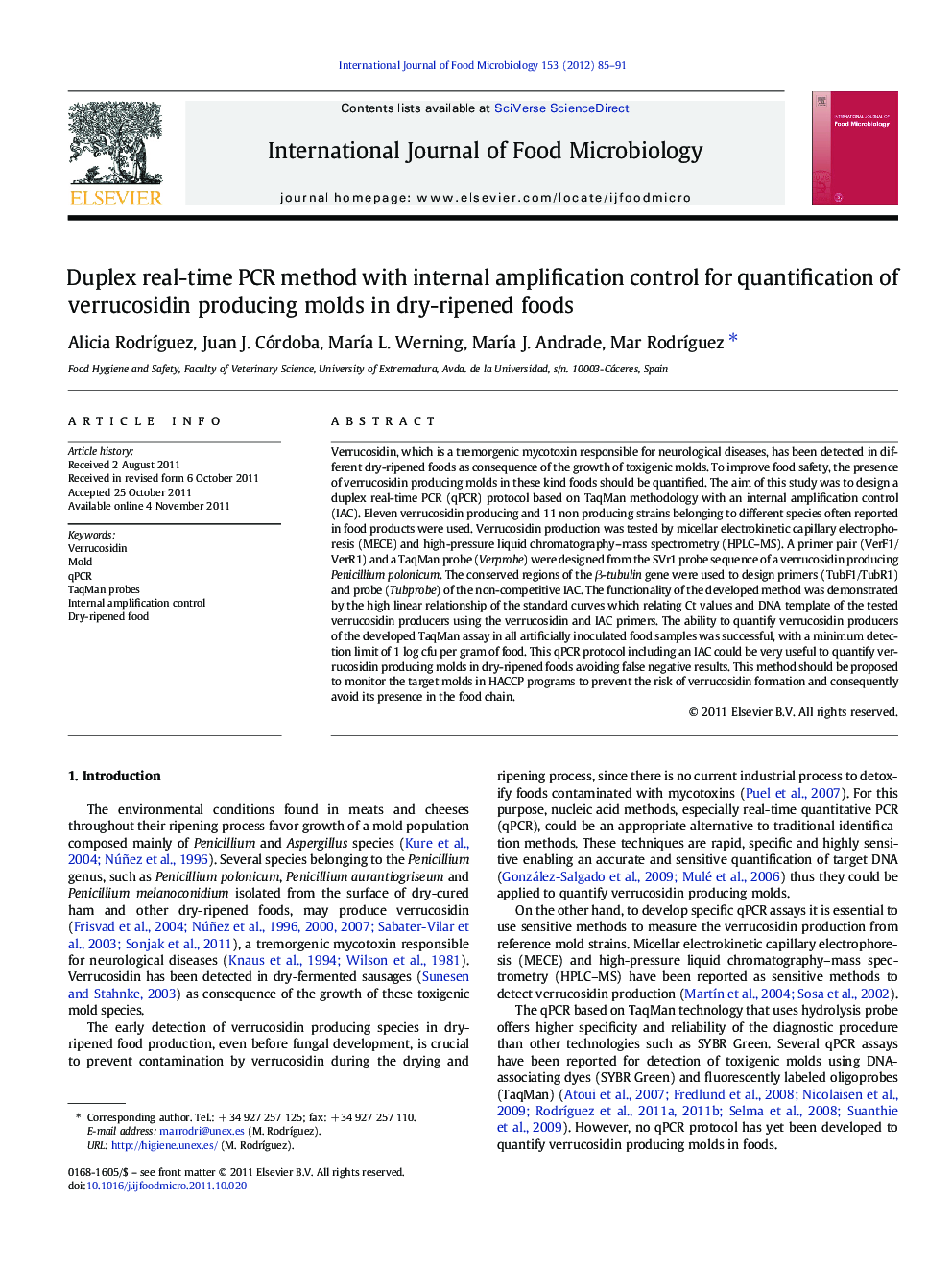 Duplex real-time PCR method with internal amplification control for quantification of verrucosidin producing molds in dry-ripened foods